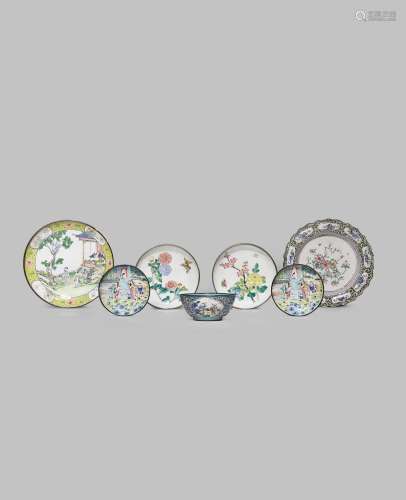 SIX CHINESE CANTON ENAMEL FAMILLE ROSE DISHES