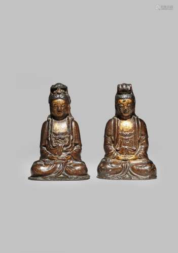 TWO CHINESE LACQUERED AND GILT BRONZE FIGURES OF GUANYIN