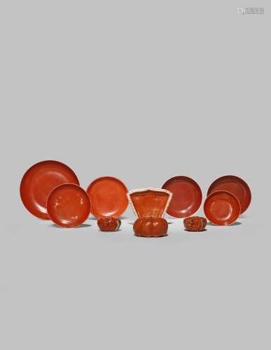 A SMALL COLLECTION OF CHINESE CORAL GLAZED ITEMS
