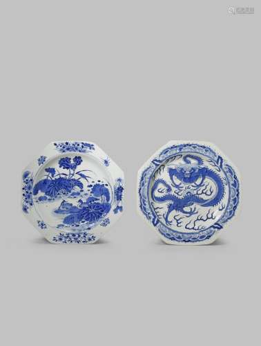 TWO CHINESE BLUE AND WHITE OCTAGONAL PLATES