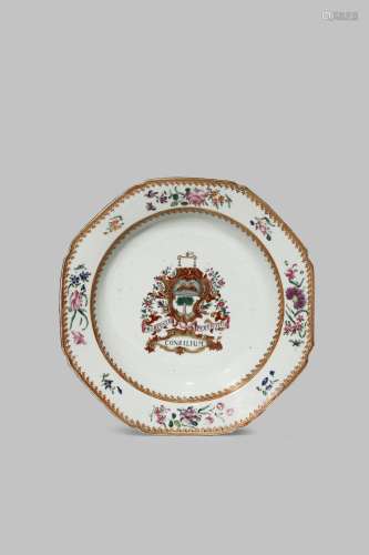 A CHINESE ARMORIAL FAMILLE ROSE OCTAGONAL DISH