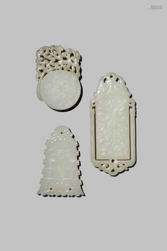 THREE CHINESE PALE CELADON JADE PLAQUES
