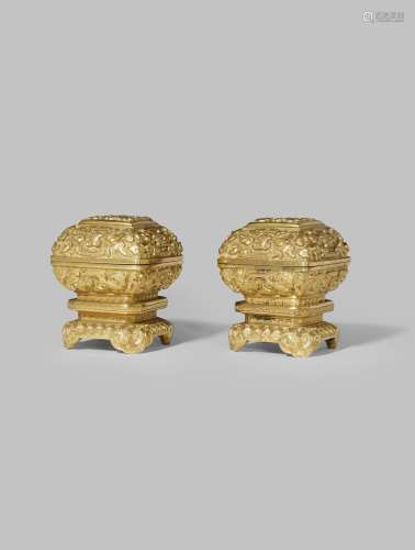 *A PAIR OF CHINESE SQUARE GILT METAL BOXES AND COVERS