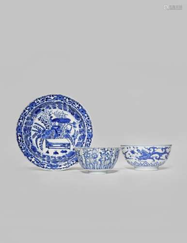 TWO CHINESE BLUE AND WHITE BOWLS AND A DISH