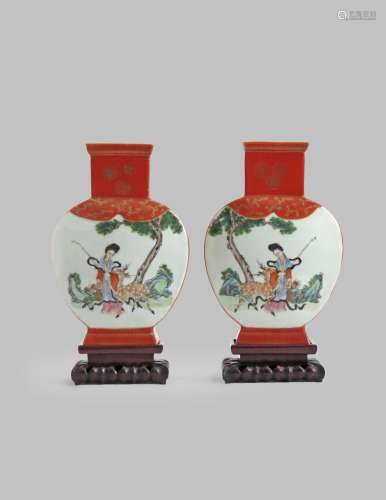 A PAIR OF CHINESE CORAL GROUND VASES
