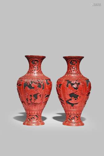 A PAIR OF CHINESE CINNABAR RED AND BLACK LACQUER VASES