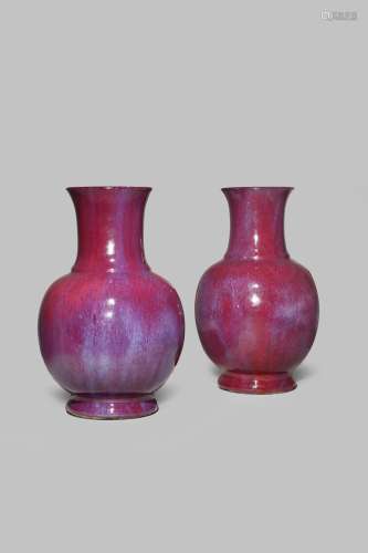 A PAIR OF CHINESE FLAMBE GLAZED VASES