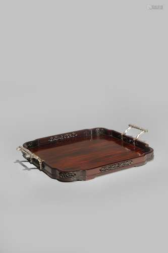 A CHINESE HARDWOOD SILVER-MOUNTED TRAY