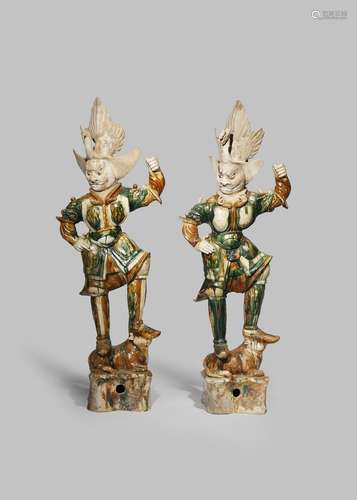 TWO LARGE CHINESE SANCAI GLAZED TOMB GUARDIANS