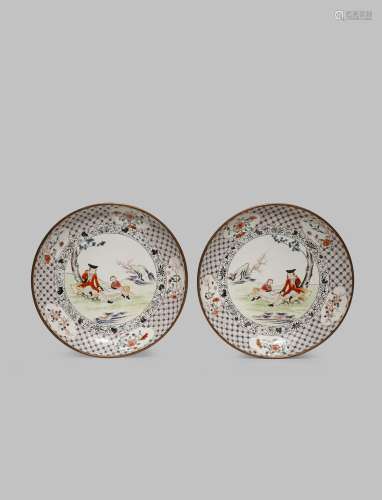 A PAIR OF CHINESE CANTON ENAMEL FAMILLE ROSE DISHES