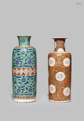 TWO CHINESE FAMILLE VERTE CYLINDRICAL VASES