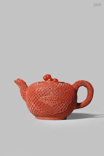 A RARE CHINESE RED-LACQUERED YIXING TEAPOT AND COVER