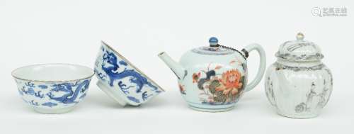 Two Chinese teapots with imari and India ink decoration, 18thC (chips); added two Chinese blue and white bowls, decorated with dragons and silver rim, marked with studio mark 
