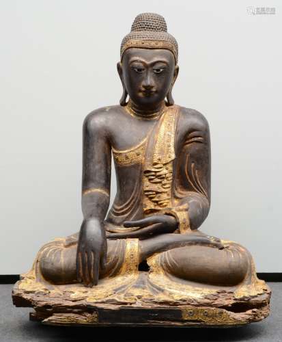 A rare Oriental gilt and polychrome decorated wooden Buddha, inlaid with rock crystal and other minerals, Burma (Mandalay), 18thC, H 149,5 - W 125,5 - D 90 cm