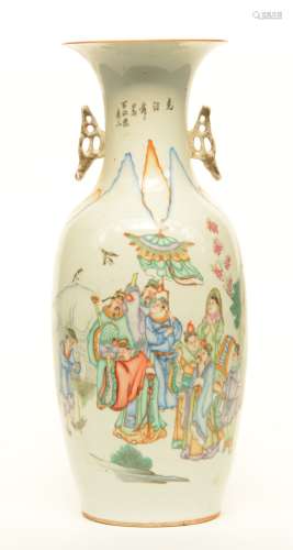 A Chinese polychrome decorated vase depicting genre scenes, H 57 cm (chips on the rim)