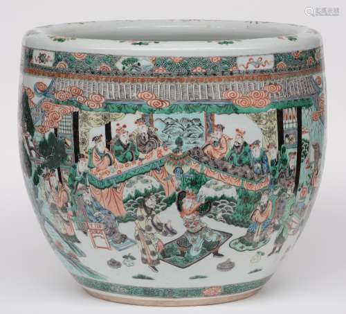A Chinese famille verte cachepot with an animated scene, 19thC, H 45,5 - Diameter 54,5 cm (crack in the bottom and minor flaking of the glaze)