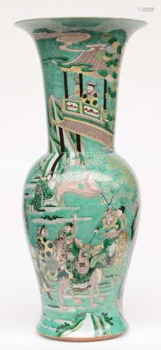 A Chinese famille verte Yen-Yen vase, overall decorated with warriors, marked Kangxi, H 83 cm (chip and hairline on the top rim and firing fault on the body)