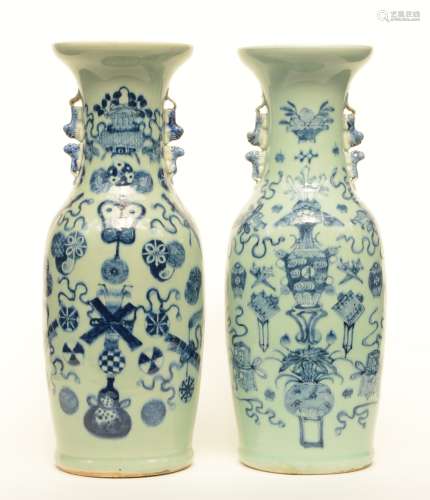 Two Chinese celadon-ground blue and white vases decorated with symbols, H 59,5 - 60 cm (chips on the rim)