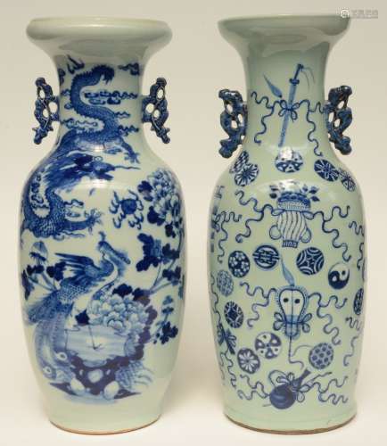 Two Chinese celadon-ground blue and white vases, one painted with a dragon and a phoenix, one vase with antiquities and symbols, 19thC, H 58 - 58,5 cm (one vase with firing fault on the handle)