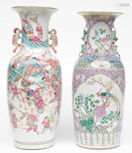 Two Chinese famille rose vases, one vase decorated with a warrior scene, one vase decorated with birds on flowerbranches, 19thC, H 59,5 - 61 cm (chips, firing fault and flaking of the glaze)