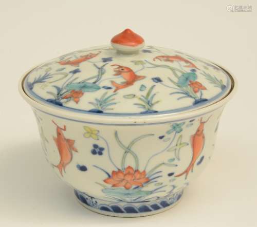 A Chinese doucai bowl with cover, decorated with fishes, with a Jiajing-mark, H 11,5 cm - Diameter 14 cm