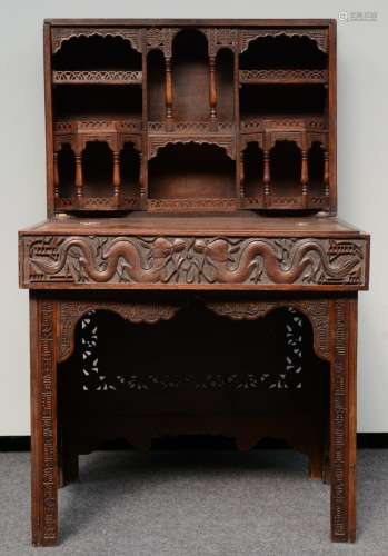 A Chinese carved hardwood travelling desk, relief decorated with dragons and symbols, H 83 - D 53 - L 77 cm