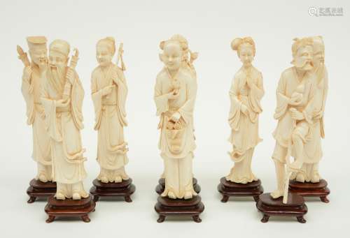 Series of the Chinese Eight Immortals, slightly tinted ivory, China, first quarter 20thC, H 23,3 - 23,7 cm (with base) / H 20,7 - 21,1 cm (without base), Total weight: ca. 1.810 g