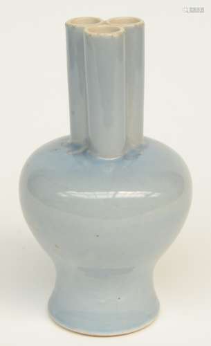 A Chinese three-conjoined vase, light blue glazed, marked, H 22 cm