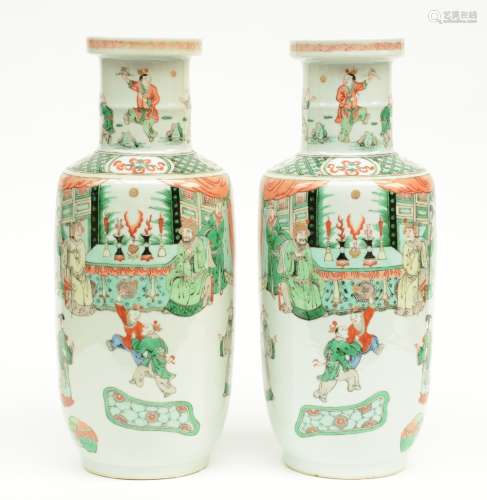 A fine pair of Chinese rouleau shaped vases, famille verte overall decorated with an animated scene, 19thC, H 45,5 cm