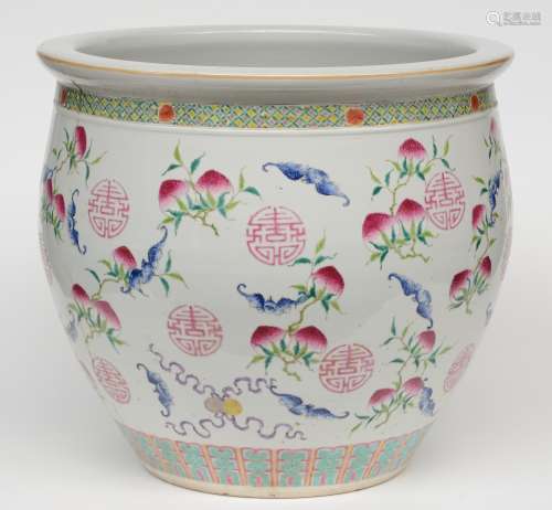 A Chinese famille rose cachepot, decorated with peaches, bats and longelivity symbols, H 51 cm, Diameter 56,5 cm (chip on the bottom)