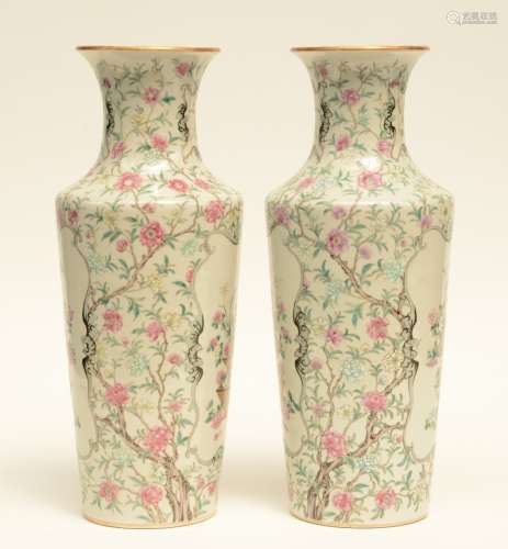 A fine pair of Chinese famille rose vases decorated with flower branches, flower baskets and bats, 19thC, H 45 cm
