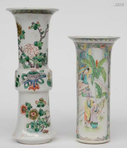 A Chinese famille verte Gu-shaped vase, decorated with flower branches and antiquities, 19thC, 31 cm; added a Chinese polychrome decorated vase with genre scenes, 19thC, 24,5 cm (one vase with chip and hairline, one vase with chip)