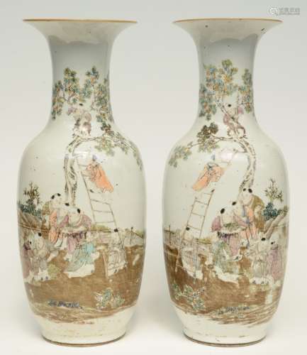 A pair of Chinese polychrome decorated vases, painted with an animated scene, signed and marked, 19thC, H 57,5 cm (both vases with crack on the body)