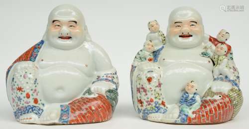 Two Chinese laughing Budai, polychrome decorated, marked, H 25 - 25,5 cm (one Budai with firing faults on the bottom)