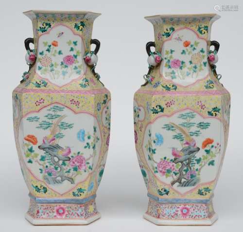 A pair of Chinese hexagonal famille rose vases, with relief decorations, depicting various birds on flower branches, H 46,5 cm
