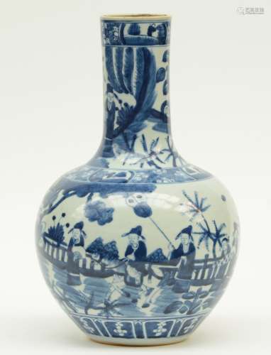 A Chinese blue and white bottle vase, painted with animated scenes, 19thC, H 36 cm