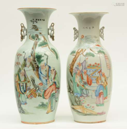 Two Chinese polychrome decorated vases depicting sages, H 55,5 - 58,5 cm (one vase with crack on the bottom and the other vase with firing crack on the inside)
