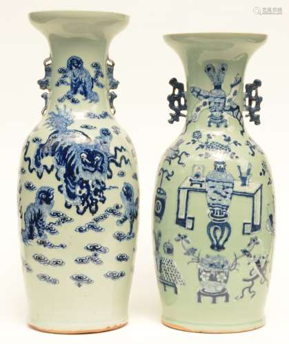Two Chinese celadon-ground vases, blue and white decorated, one with antiquities and one with Fu lions, 19thC (one vase with cracks on the bottom, firing faults and chip on the top rim)