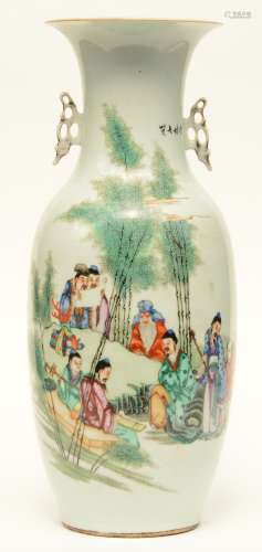 A Chinese polychrome vase, decorated with an animated scene, 19thC, H 57,5 cm