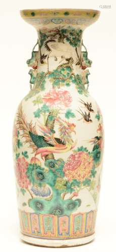 A Chinese famille rose vase, overall decorated with phoenixes and birds on flower branches, 19thC, H 59,5 cm (crack on the bottom)