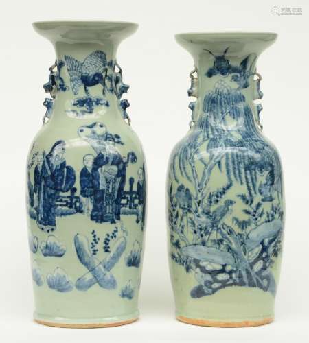 Two Chinese celadon-ground blue and white vase, one vase decorated with birds on flower branches and one vase decorated with 'Fu Lu Shou Xing', 19thC, H 58 - 59,5 cm