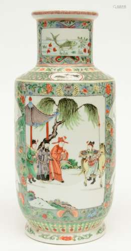 A Chinese famille verte rouleau shaped vase decorated with animated scenes, H 42 cm