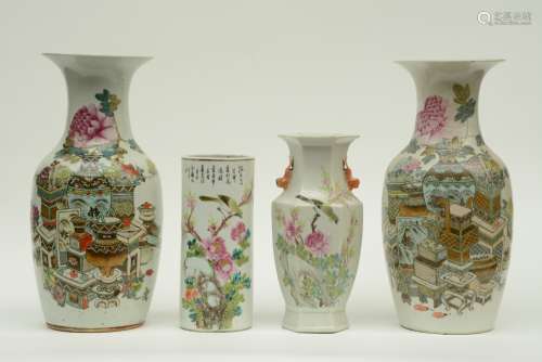 Four Chinese famille rose vases, two decorated with antiquities, two decorated with a bird on a flower branch, H 28,5 - 32 cm (cylinder shaped vase with chip)