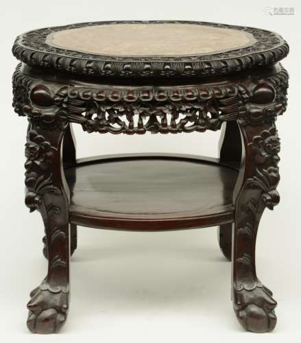 A Chinese carved hardwood stool with marble top, H 54 - Diameter 67,5 cm (scratches)