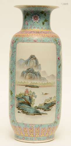 A Chinese famille rose and polychrome decorated vase, painted with landscapes, marked, H 60 cm