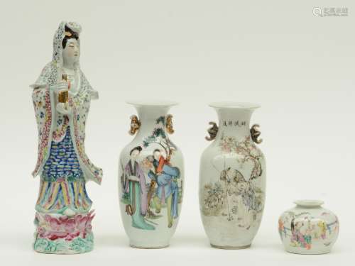 Three Chinese famille rose vases, decorated with figures, 19thC and later; added a Chinese polychrome decorated Guanyin