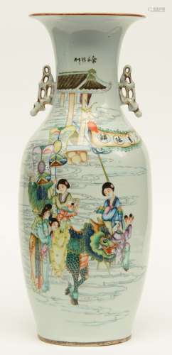 A Chinese polychrome vase, decorated with an animated scene, signed, 19thC, H 56 cm