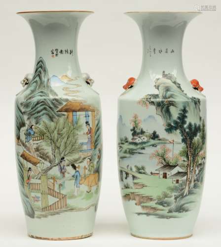 Two Chinese polychrome decorated vases, one with an animated scene and one with a landscape, H 57,5 - 58 cm