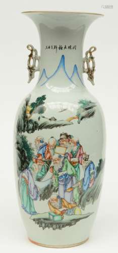 A Chinese polychrome decorated vase depicting scolars in a river landscape, H 58 cm (firing faults and chips on the rim)