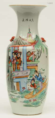 A Chinese polychrome decorated vase with an animated scene, H 56,5 cm